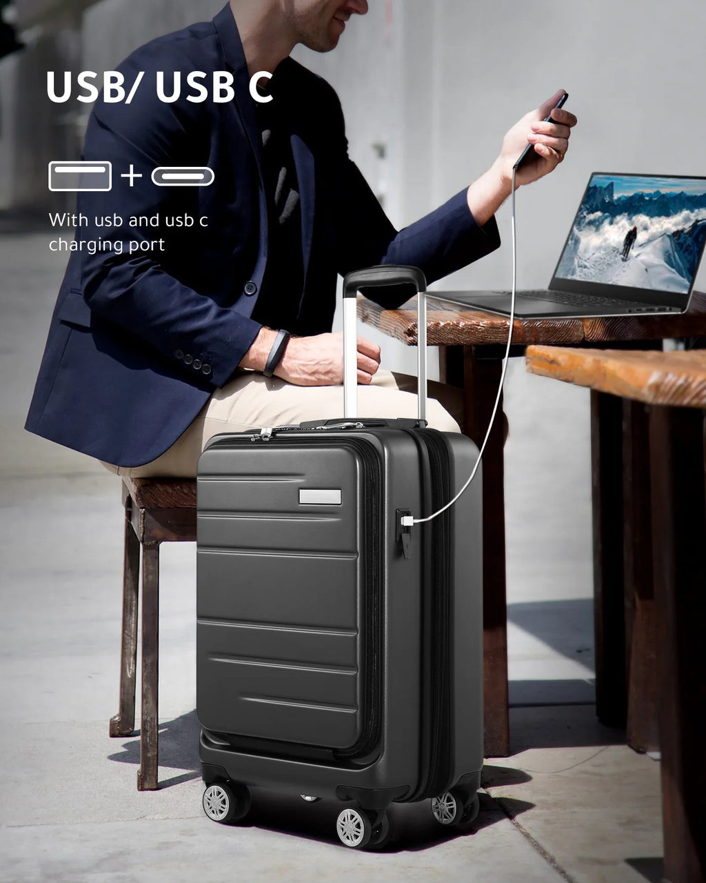 Front Port with Pocket Expandable Carry Suitcase on USB and Luggage, Hardshell LUGGEX